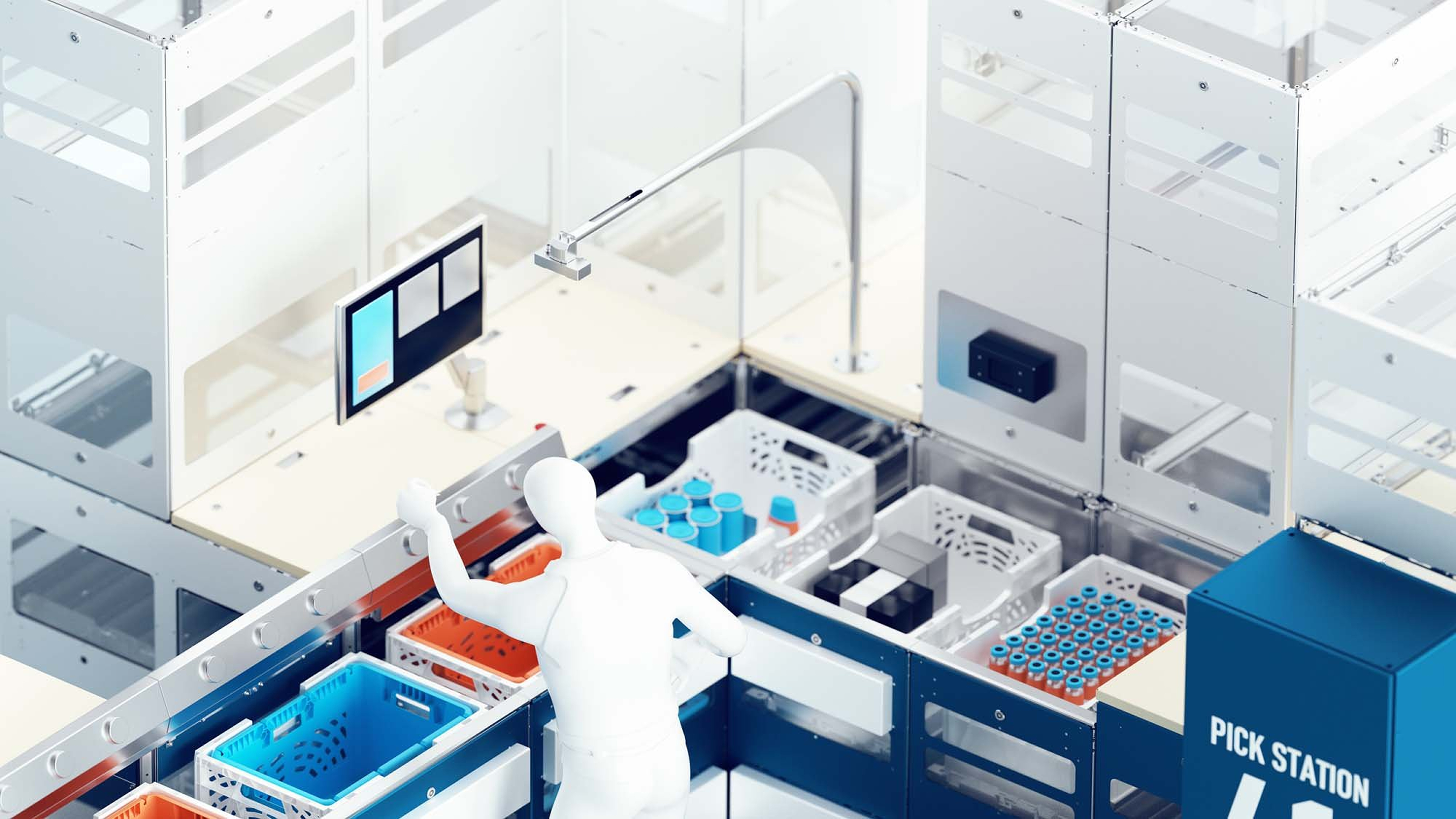 A picture of a illustration showing ocado automated pick station machines 
