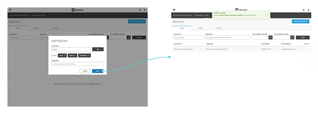 A picture of a grid of 2 images showing how to set up a redirect in OSP