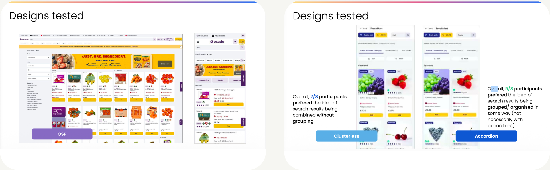 A picture of a grid of 2 images that a screens shot of a slide deck showing the results of the user testing we did