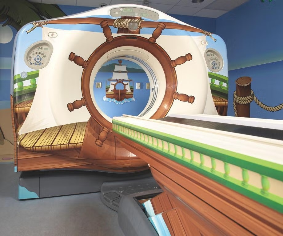 A picture of a MRI that has been redesign to look like a pirate ship.