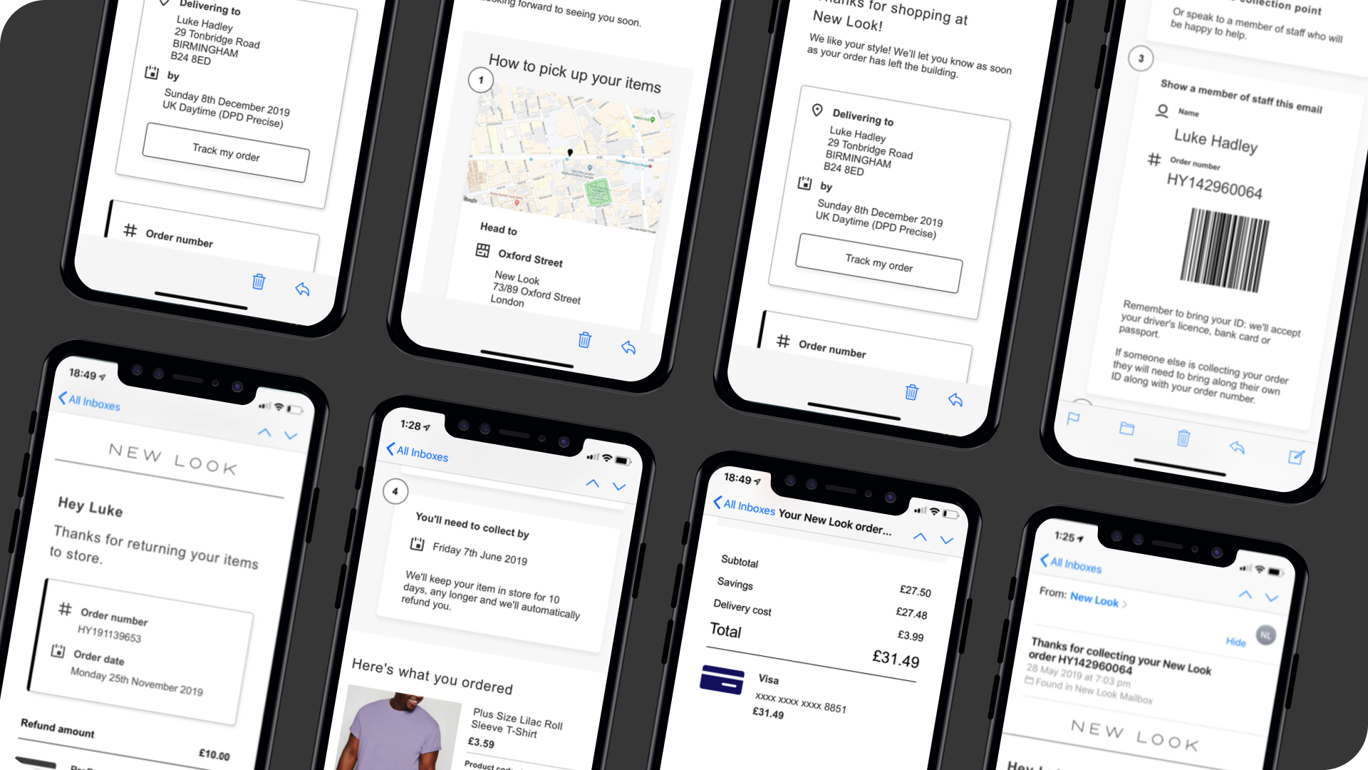 A grid of eight mobile screens showing redesigned New Look transactional emails including order confirmation, click and collect instructions, delivery tracking, and return confirmation, each displaying contextual information and clear next steps